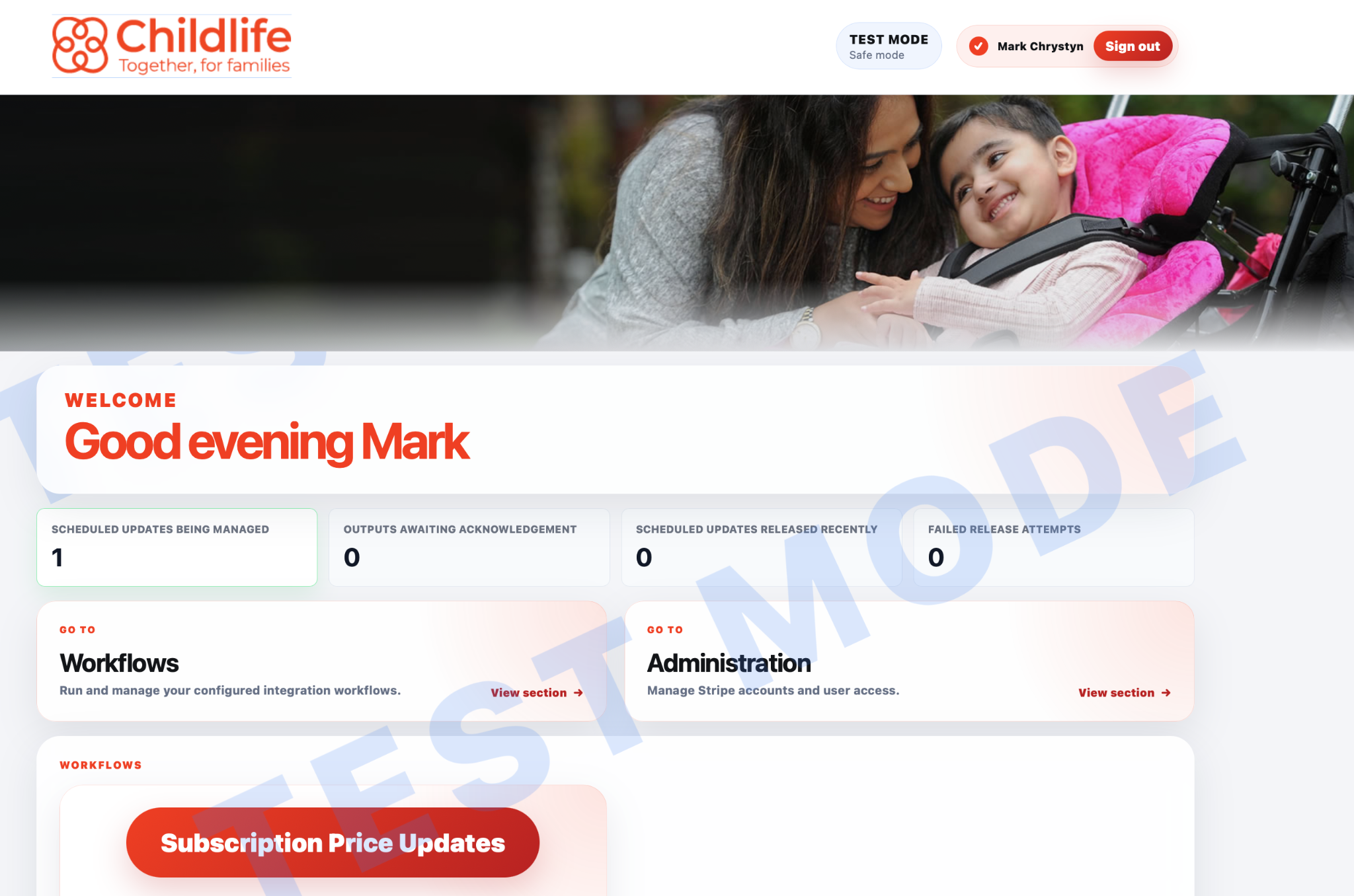 Dashboard screen in the Stripe Integrations Portal