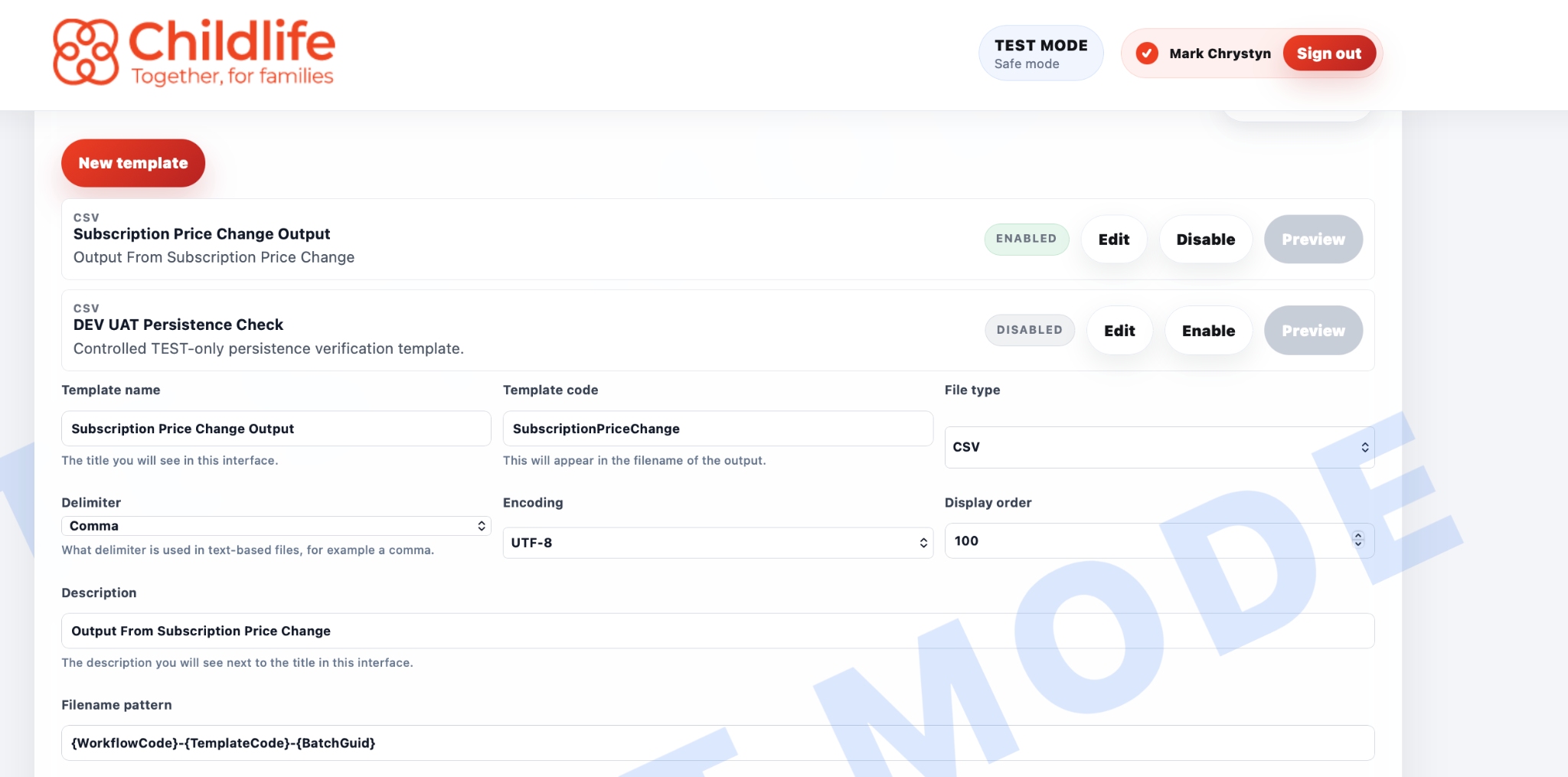 Templates screen in the Stripe Integrations Portal