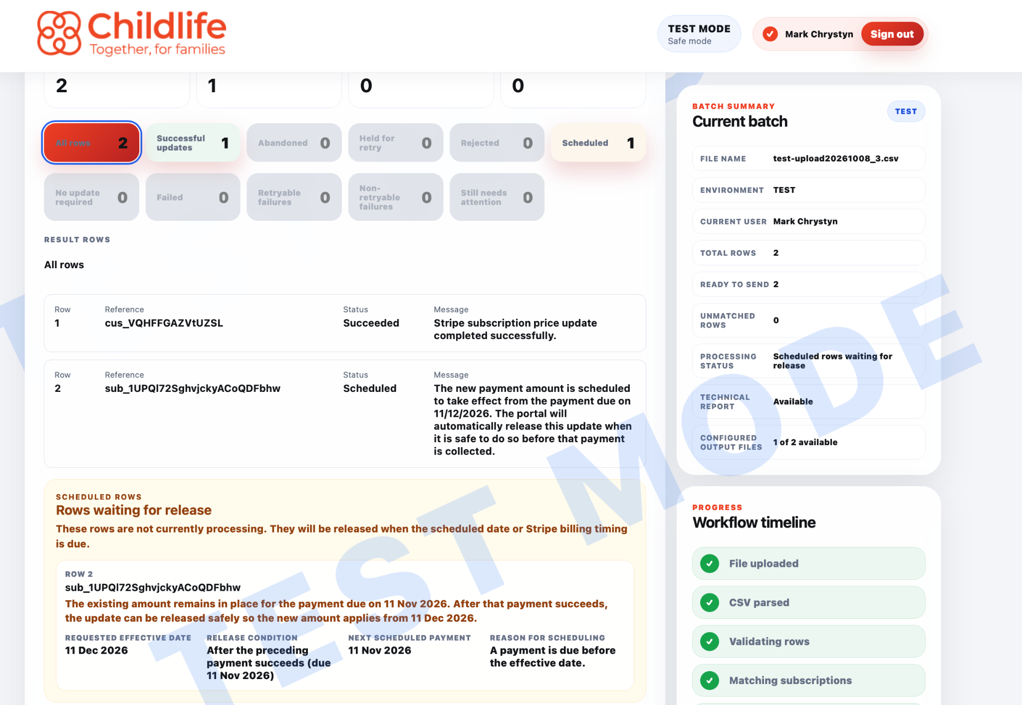 Results screen in the Stripe Integrations Portal